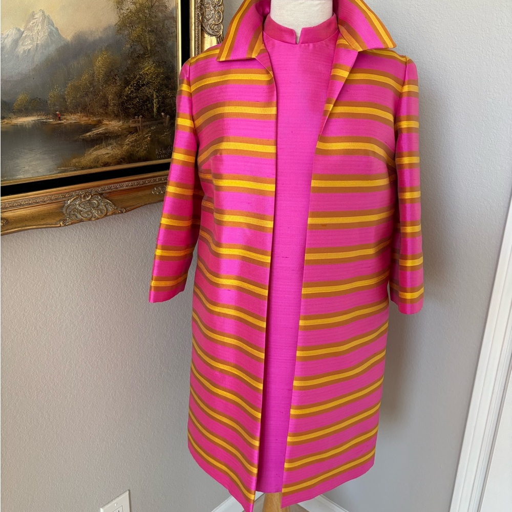 VTG 1960s Pink Yellow Stripes Mod Sz S Evening Coat & Dress Dupioni Silk Fabric